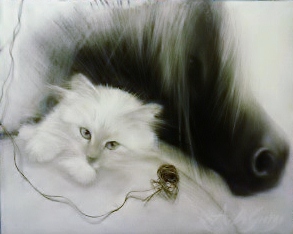 Il gatto e il cavallo: collage e carboncino su tela, f.to 40x50 